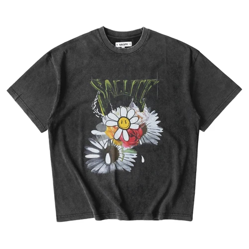 SALUTE WASHED FLOWER VINTAGE TEE BLACK