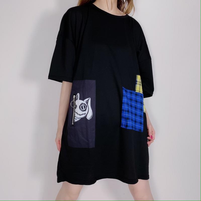 NieR (ニーア) OVER SIZE パッチワークBLACK CUTSEW【YELLOW×BLUE】