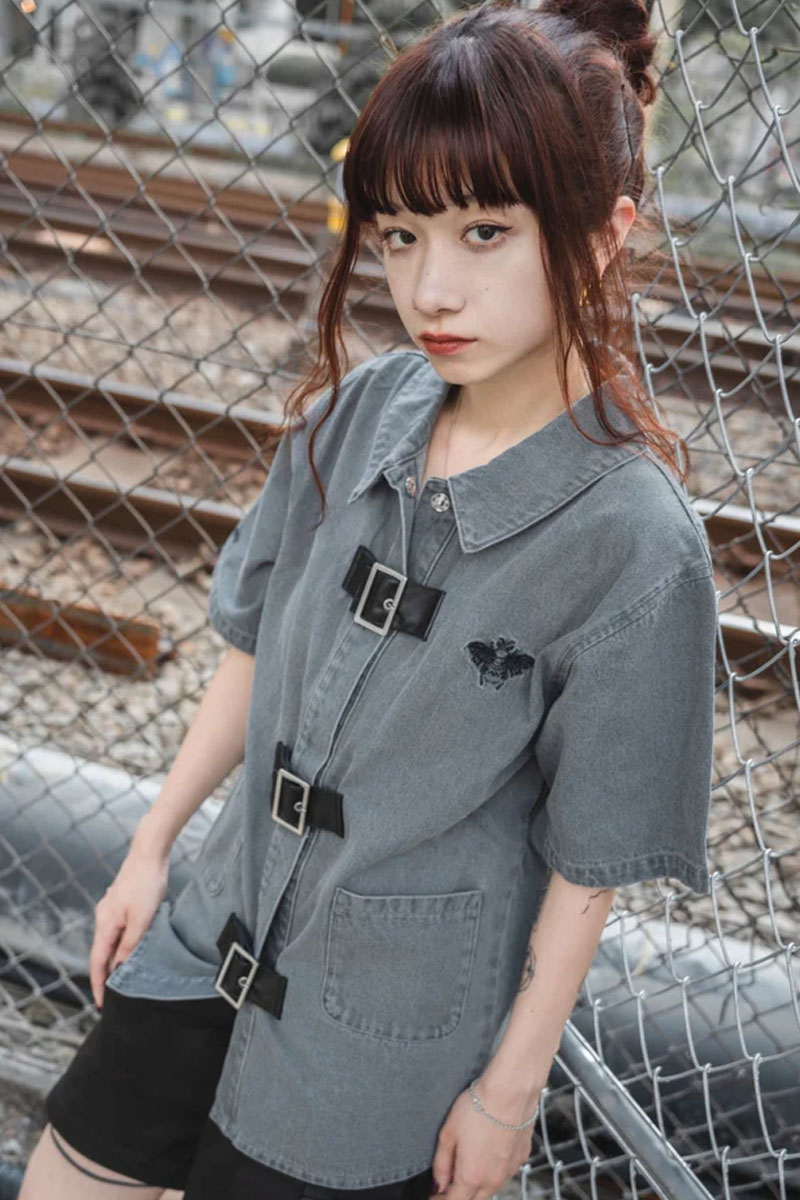 gibous (ギボス) denim belt bee butterfly shirt