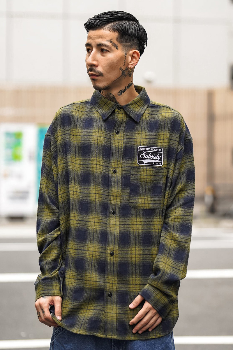 Subciety (サブサエティ) EMBLEM CHECK SHIRT-KHAKI