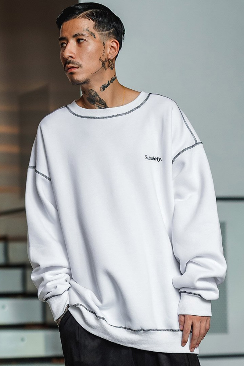 Subciety (サブサエティ) COLOR STITCH SWEAT- WHITE