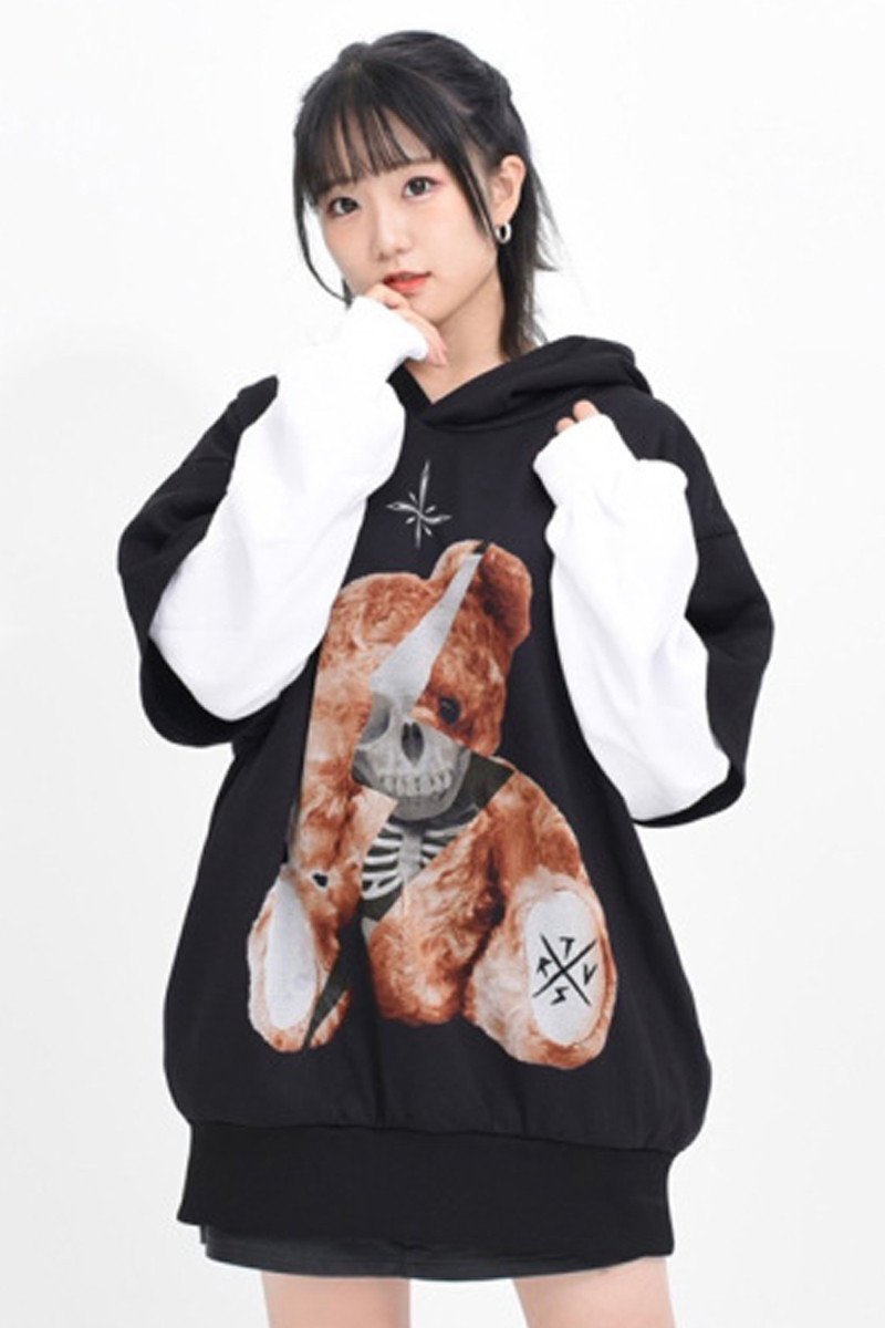 TRAVAS TOKYO【トラヴァストーキョー】Thunder bear layered big hoodie Black×White