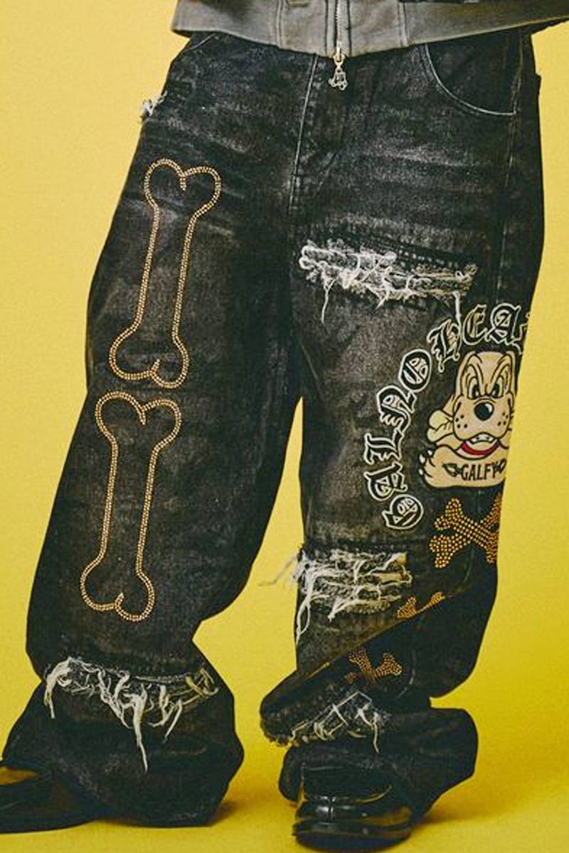 【予約商品】GALFY(ガルフィー) ピカピカ骨骨レーザーかも？デニム - Black