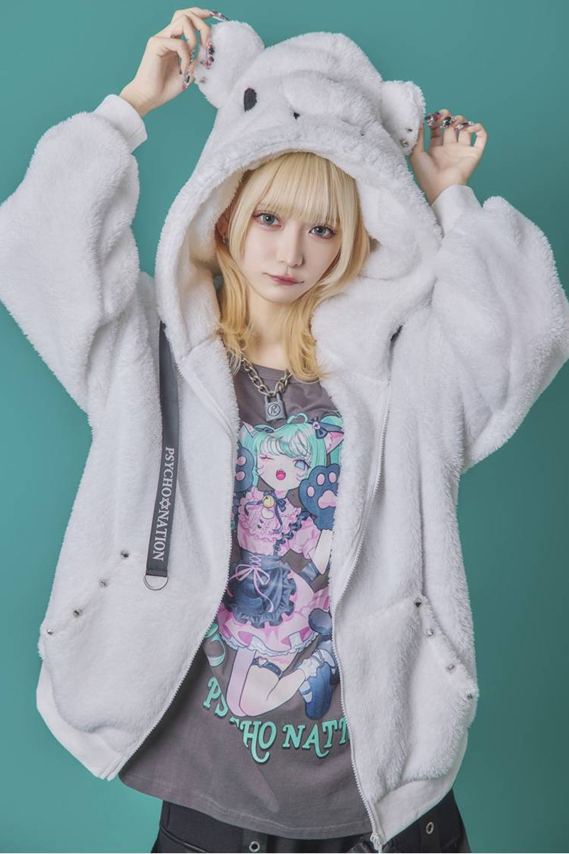 PSYCHO NATION(サイコ・ネーション) クマ耳ボア ZIP パーカー - White