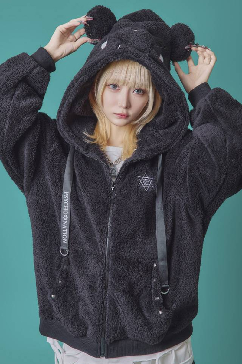 PSYCHO NATION(サイコ・ネーション) クマ耳ボア ZIP パーカー - Black