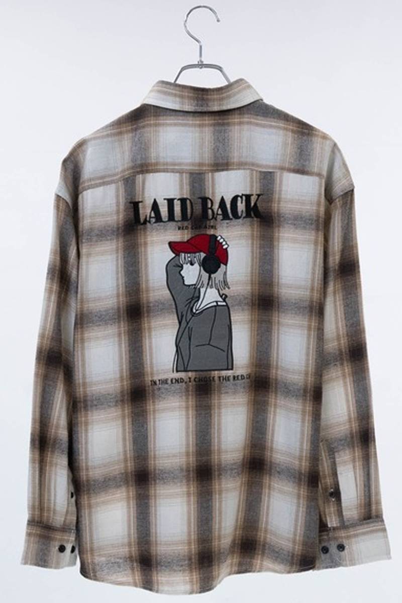 Red Cap Girl(レッド・キャップ・ガール) バックイラスト刺繍オンブレチェックバルーンスリーブシャツ - Beige
