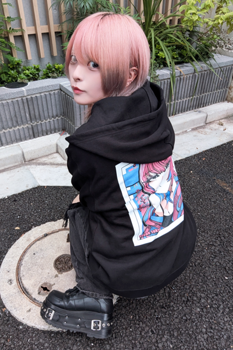 SCENE TOKYO (シーントウキョウ) pink girl zip hoodie - Black