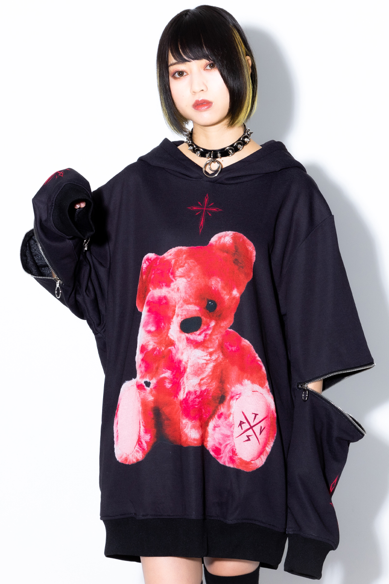TRAVAS TOKYO Furry bear arm zip hoodie Black/Red