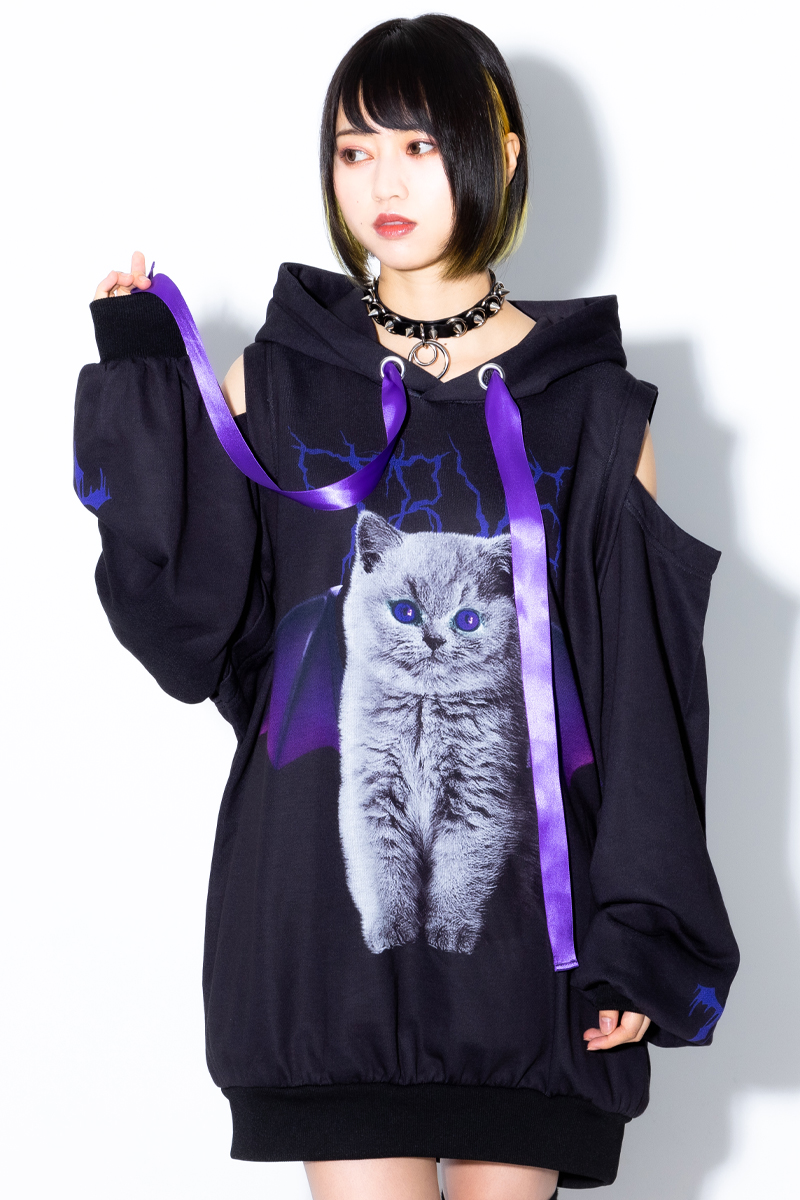 TRAVAS TOKYO Turn bad cat open shoulder hoodie Black