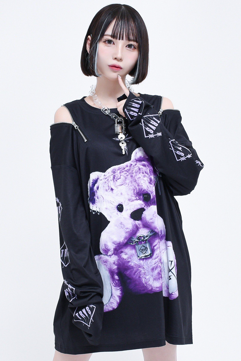 TRAVAS TOKYO【トラバストーキョー】 Punkish bear shoulder zip L/S Tee BLACK×PURPLE