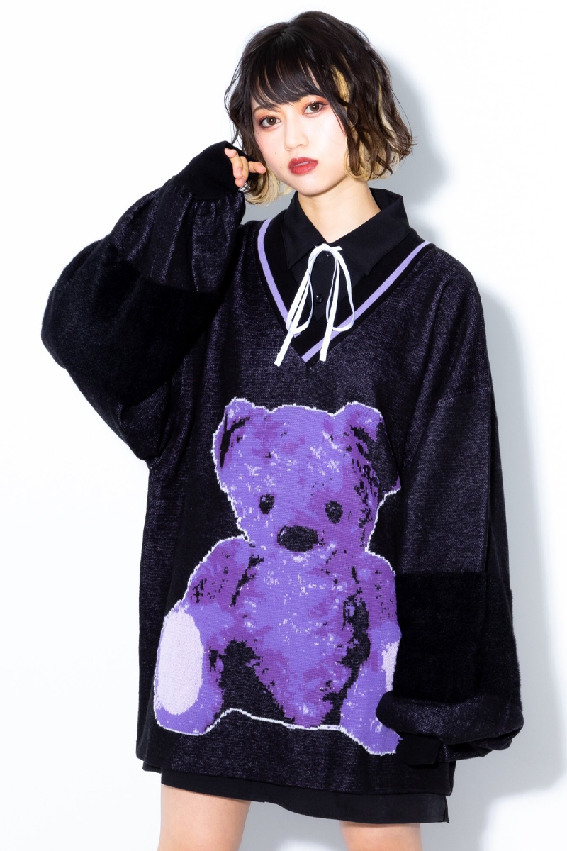 TRAVAS TOKYO クマ 総柄 ジャガード ニット セーター ブラック 紫