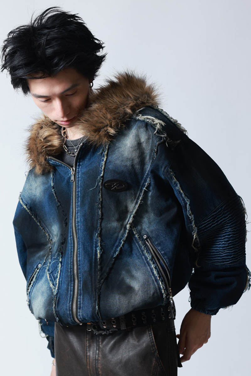 P.N UNDERGROUND(サイコ・ネーション・アンダーグラウンド) ファー脱着デニムフードブルゾン - Blue