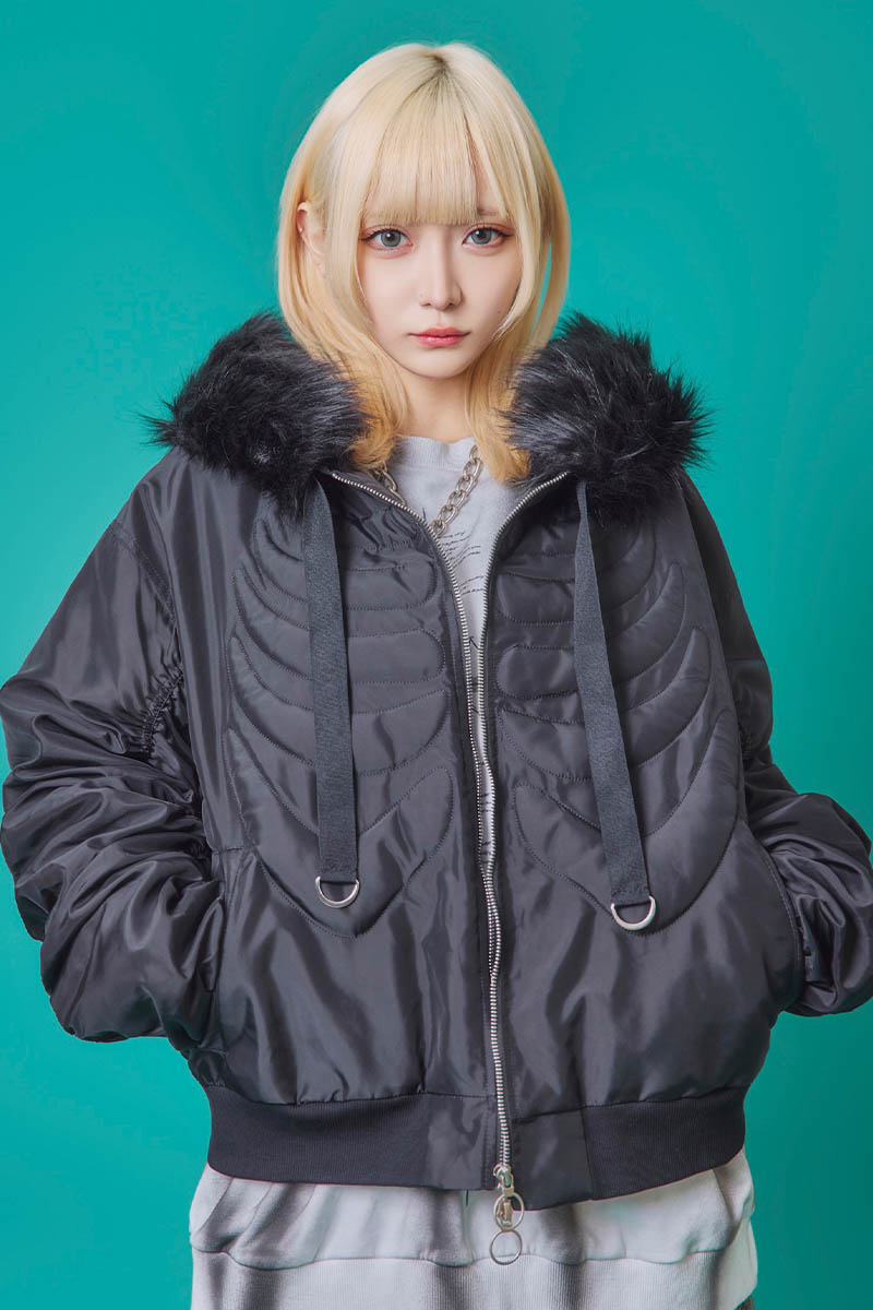 PSYCHO NATION(サイコ・ネーション) ファー脱着ボーンフードブルゾン - Black