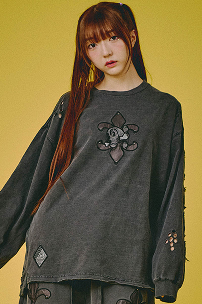 GALFY(ガルフィー) ぼろぼろロゴ百合の紋ロンT - Ink Black