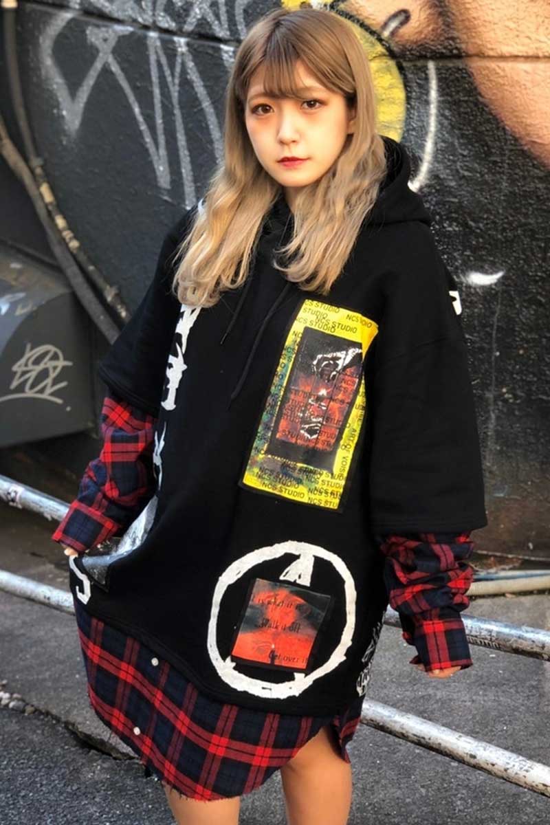 NOT COMMON SENSE "Break Out" LAYERED HOODIE BLACKxRED CK