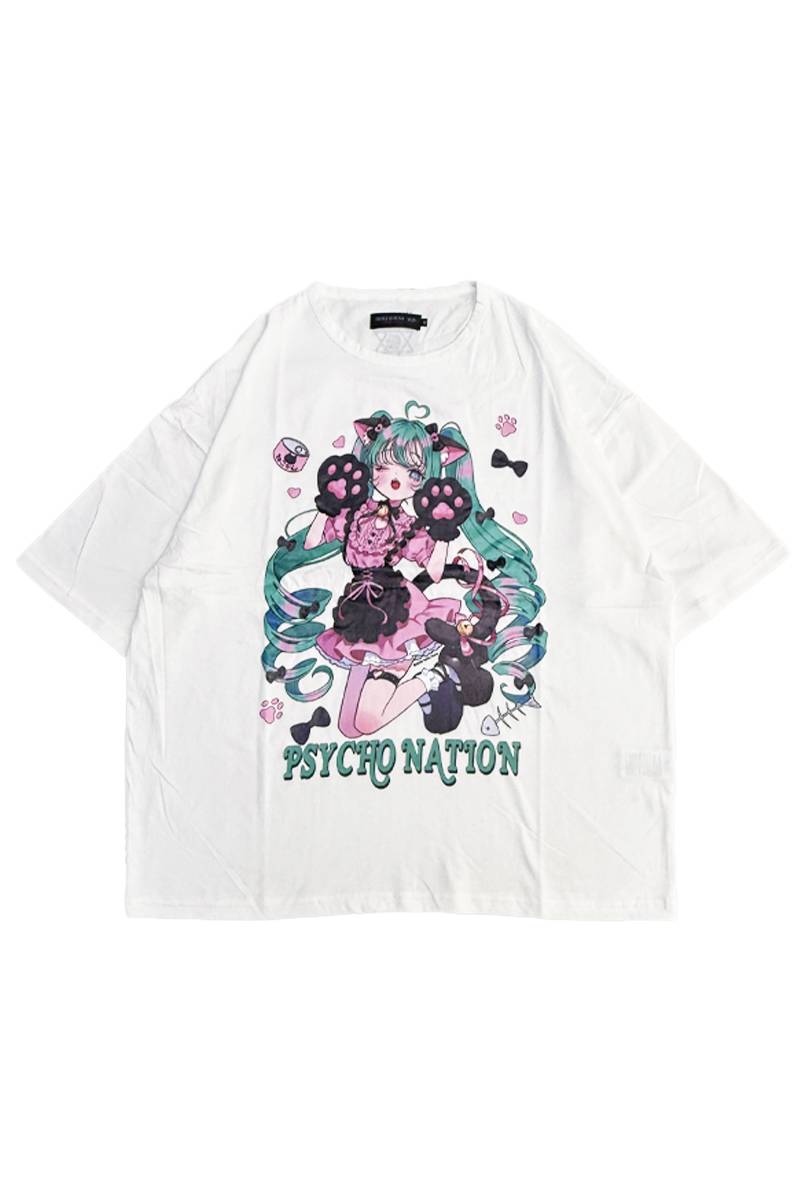 寝田ルネ×PSYCHO NATION (サイコ・ネーション) 猫耳メイドTee - White
