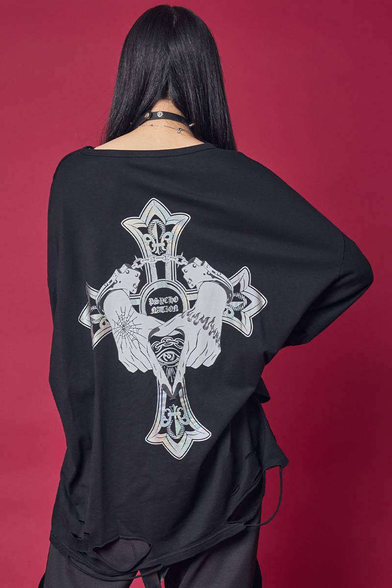 PSYCHO NATION (サイコネーション) クロス箔ダメージTEE BLACK×オーロラ