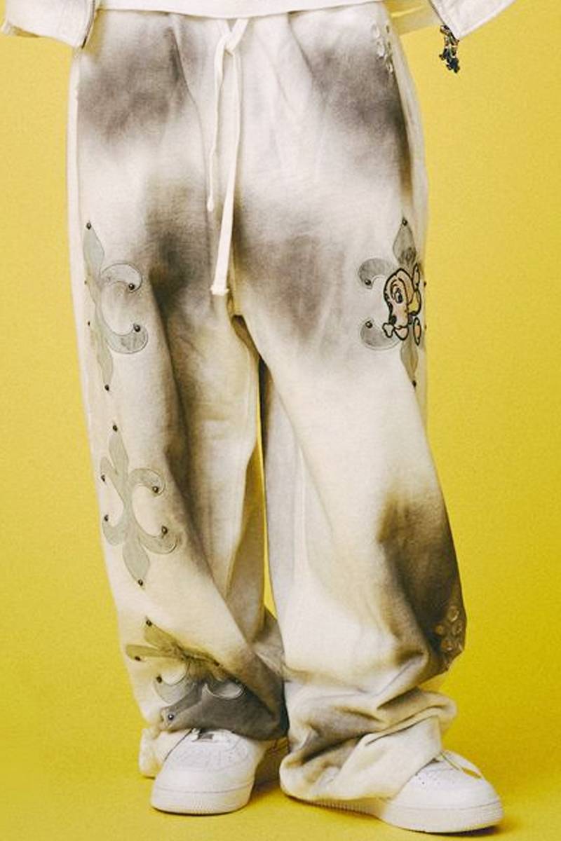 【予約商品】GALFY(ガルフィー) ぼろぼろロゴ百合の紋スウェットパンツ - O.White