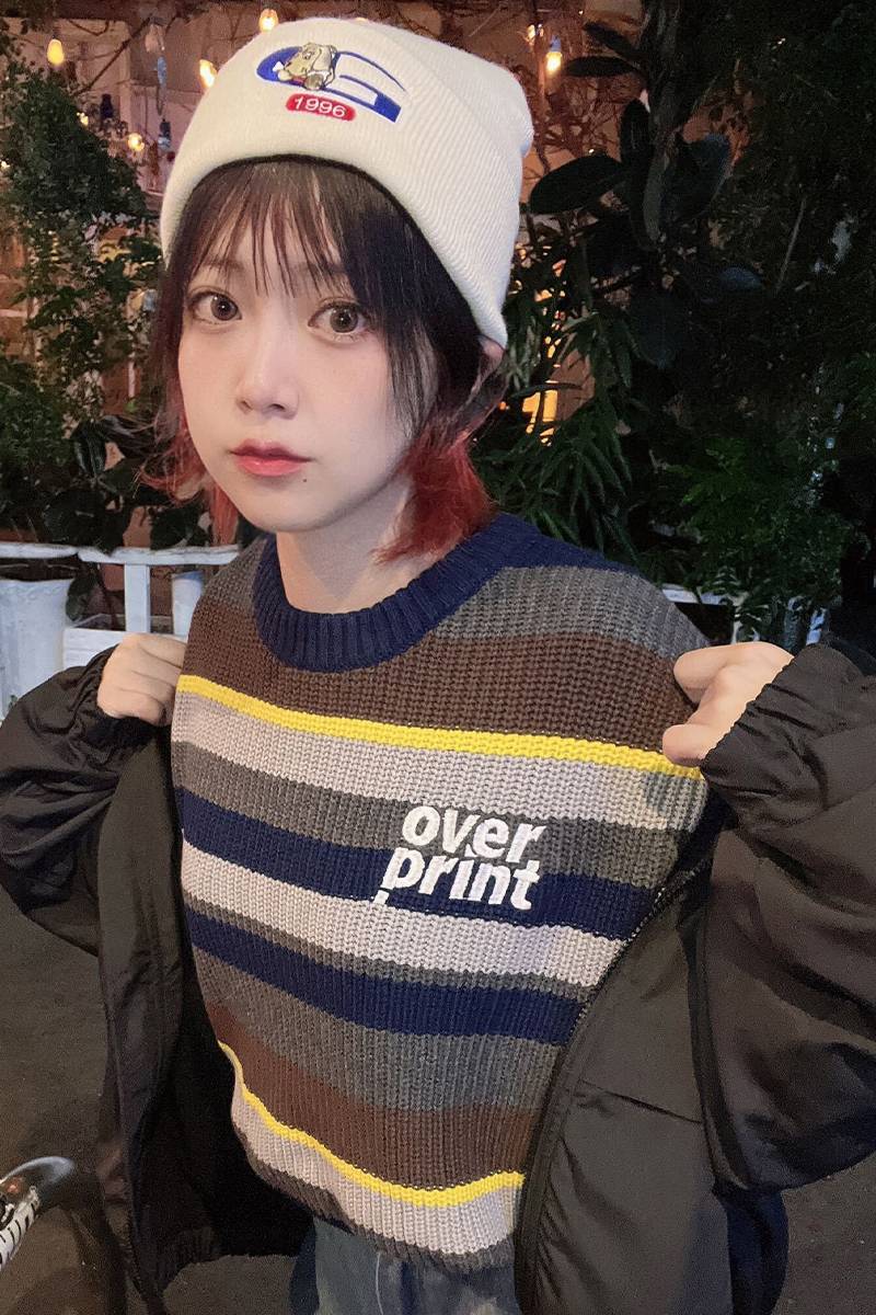 over print (オーバープリント) BOADER COTTON KNIT (KHAKI)