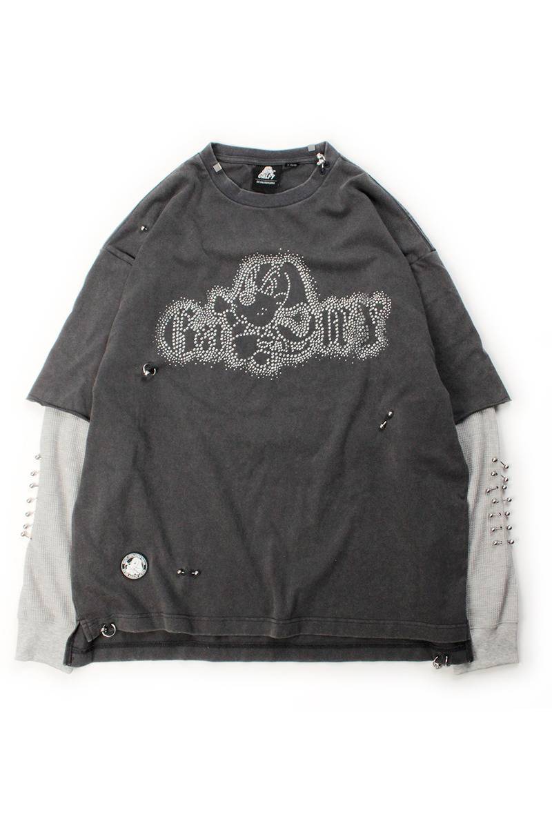 【予約商品】GALFY（ガルフィー）ばちばちピアスのピカピカレイヤードロンTEE - BLACK