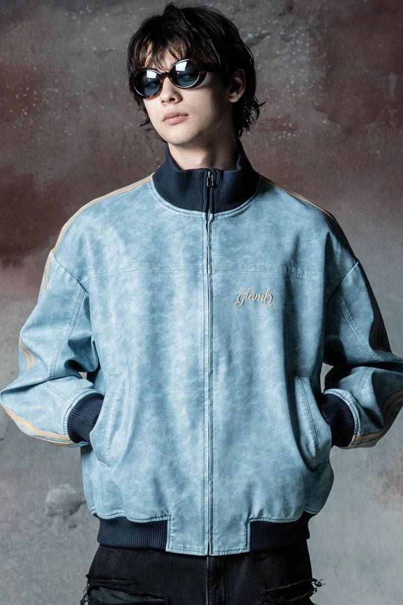 glamb(グラム) Synth Leather Track Jacket Blue