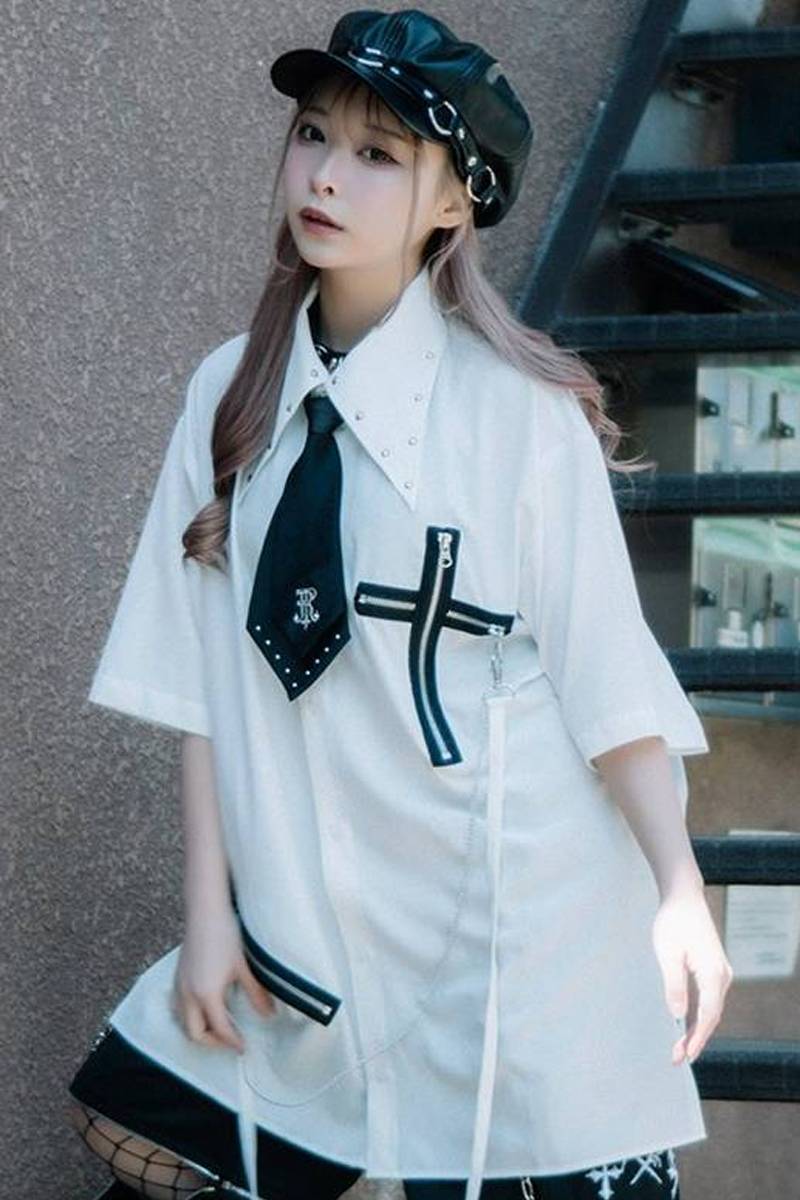 TRAVAS TOKYO (トラバス・トーキョー) ネクタイ付きクロスデザイン半袖シャツ - White