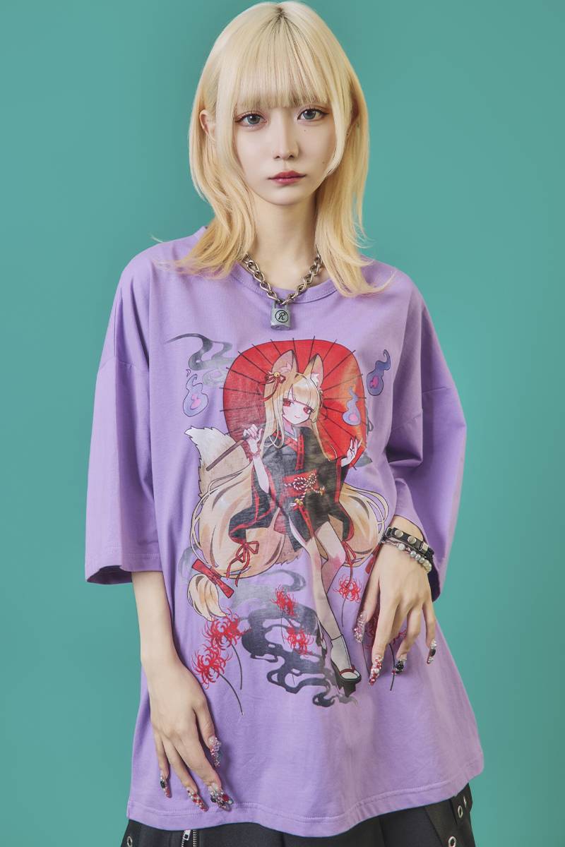 寝田ルネ×PSYCHO NATION(サイコ・ネーション) キツネ着物Tee - Purple