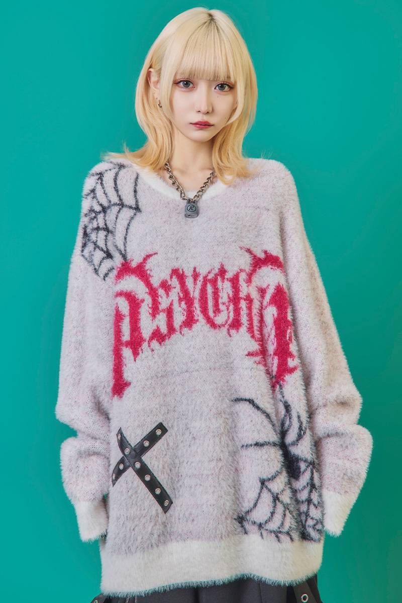 PSYCHO NATION(サイコ・ネーション) クロススパイダークルーニット - White