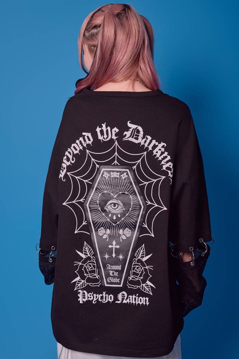 PSYCHO NATION(サイコネーション)袖メッシュコフィン TEE - Black