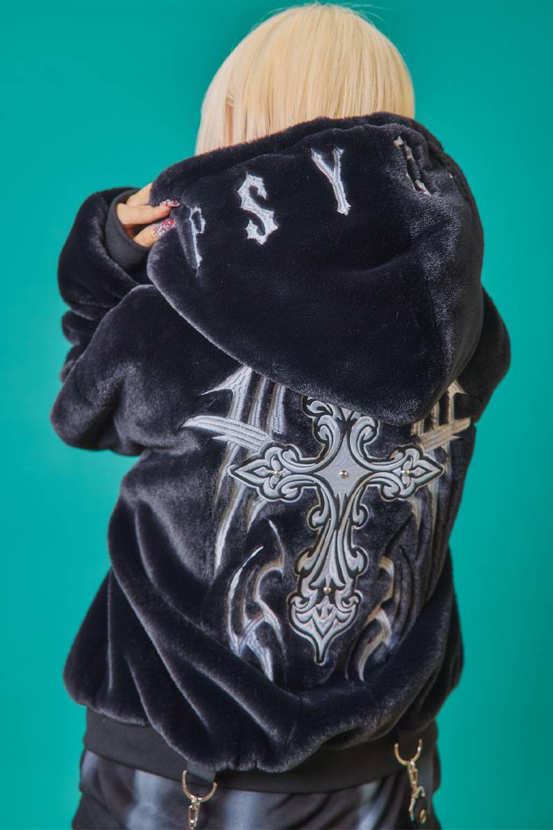 PSYCHO NATION(サイコ・ネーション) トライバルクロス ファーフードブルゾン -Black × White