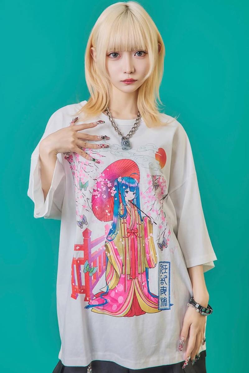 寝田ルネ×PSYCHO NATION (サイコ・ネーション) 桜着物Tee - White