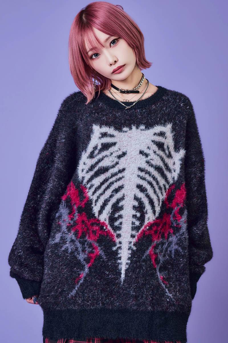 PSYCHO NATION(サイコ・ネーション) トライバル・ボーン・クルー・ニット - Black×Red