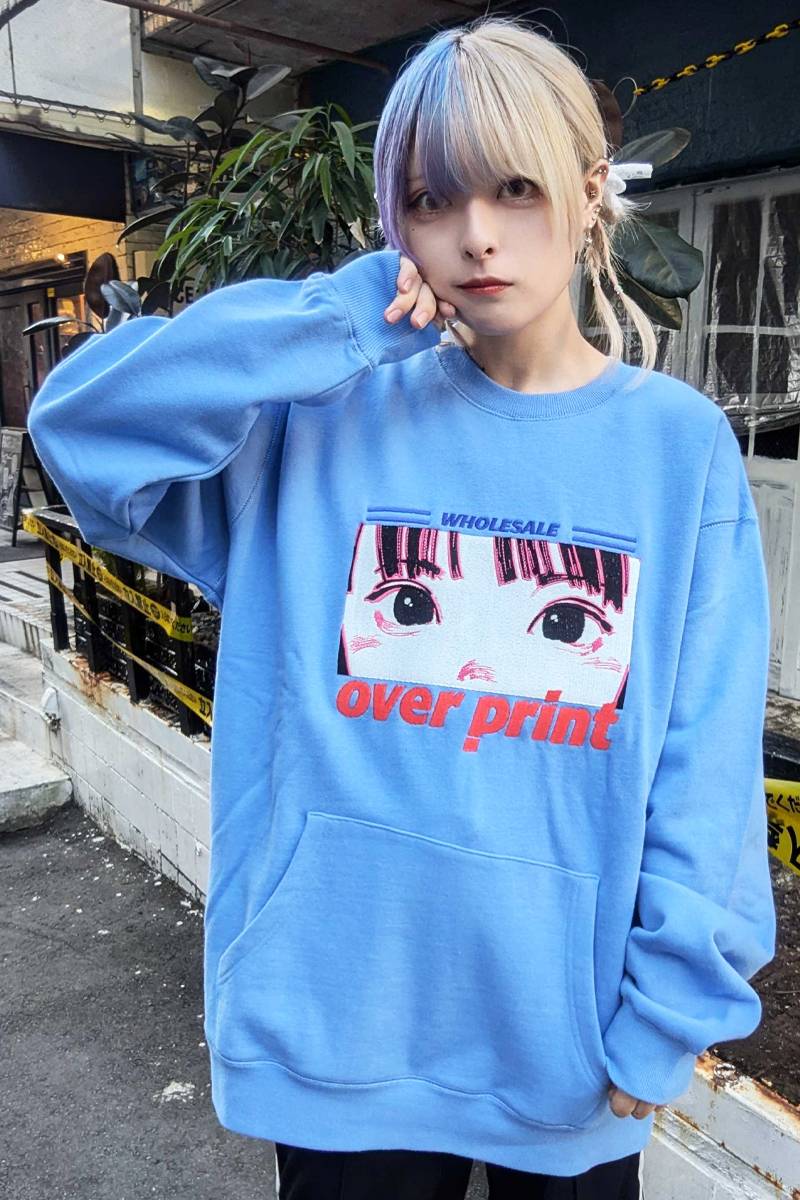 over print (オーバープリント) EYES EMB sweatshirts BLUE