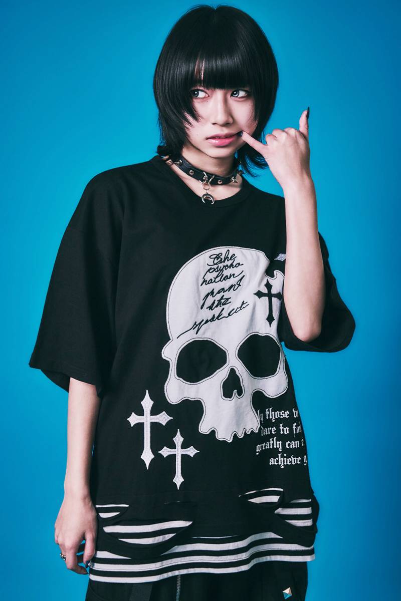 PSYCHO NATION(サイコ・ネーション) スカル・レイヤー TEE - Black×White