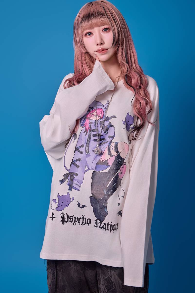 寝田ルネ×PSYCHO NATION(サイコネーション) デビルL/S TEE - White