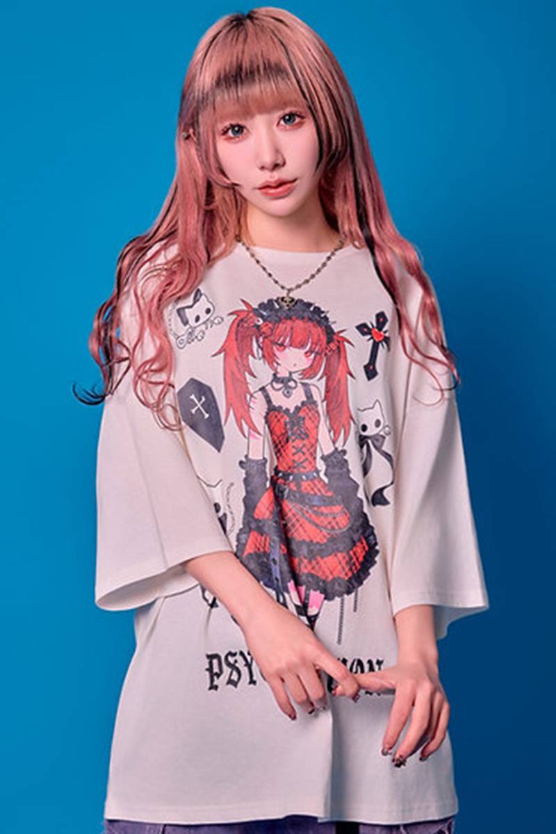寝田ルネ×PSYCHO NATION (サイコネーション) パンク  TEE - White