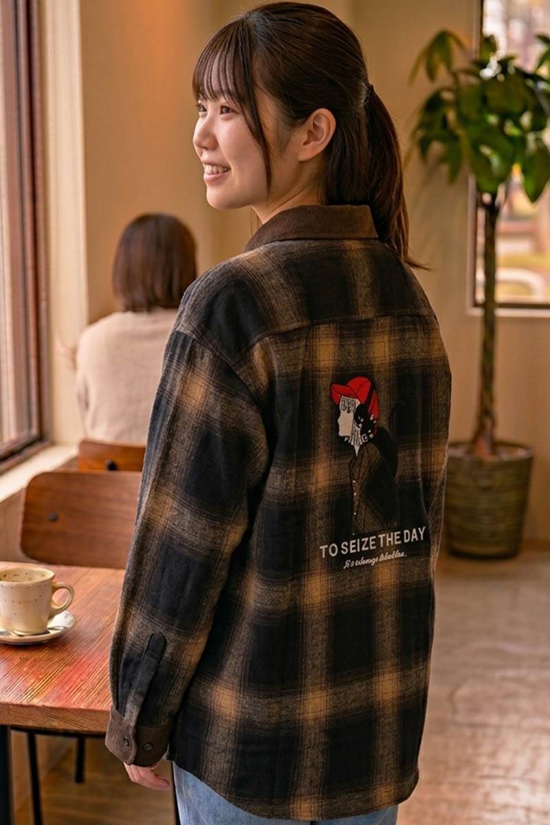 Red Cap Girl (レッド・キャップ・ガール) ネル・チェック・シャツ衿カフス・コーデュロイ切り替え - Brown
