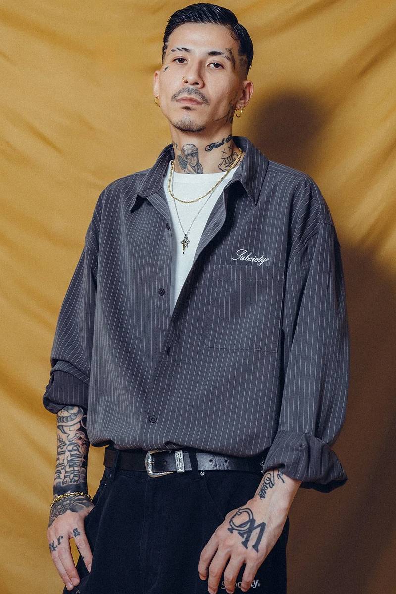 Subciety (サブサエティ) WOOL-LIKE LOOSE STRIPE SHIRT GRAY