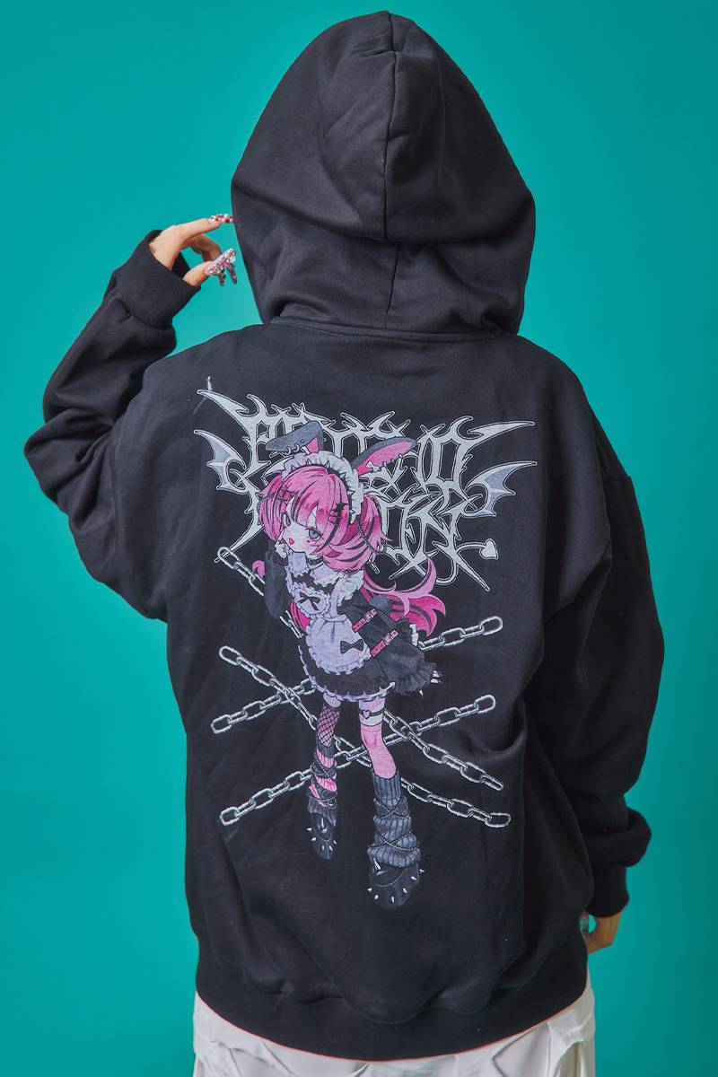 寝田ルネ×PSYCHO NATION(サイコ・ネーション) コ・ネーション) うさ耳メイドZIPパーカー - Black