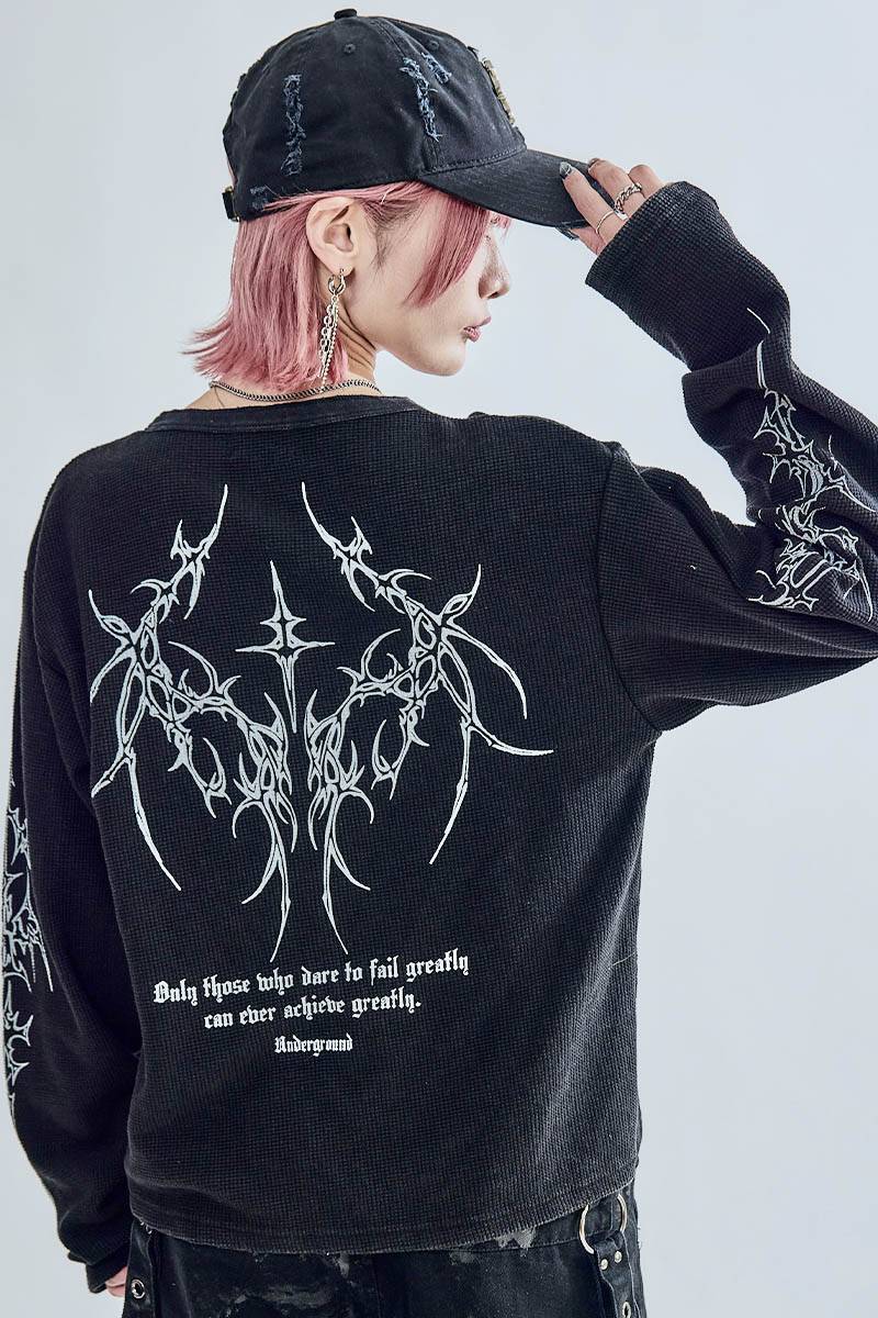 P.N UNDERGROUND (サイコ・ネーション・アンダーグラウンド) ワッフル・ヘンリー・ネックTEE - Black
