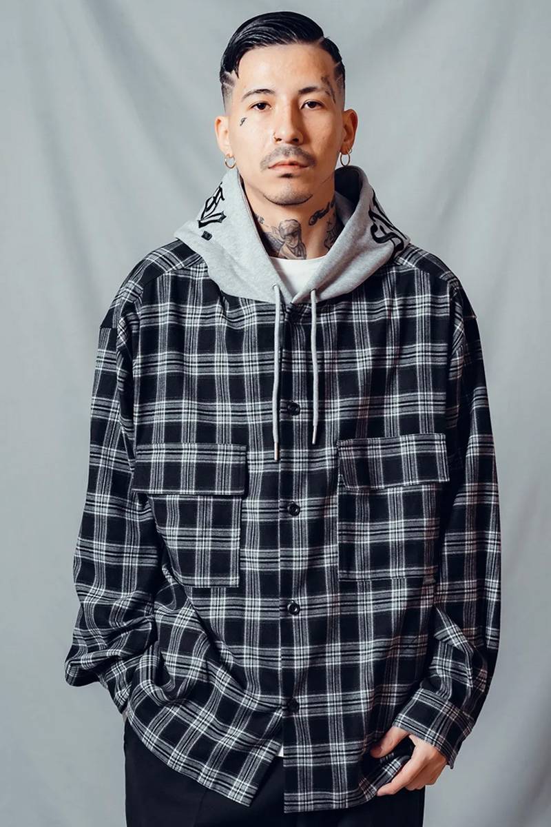Subciety(サブサエティ) Hooded check shirt - Black
