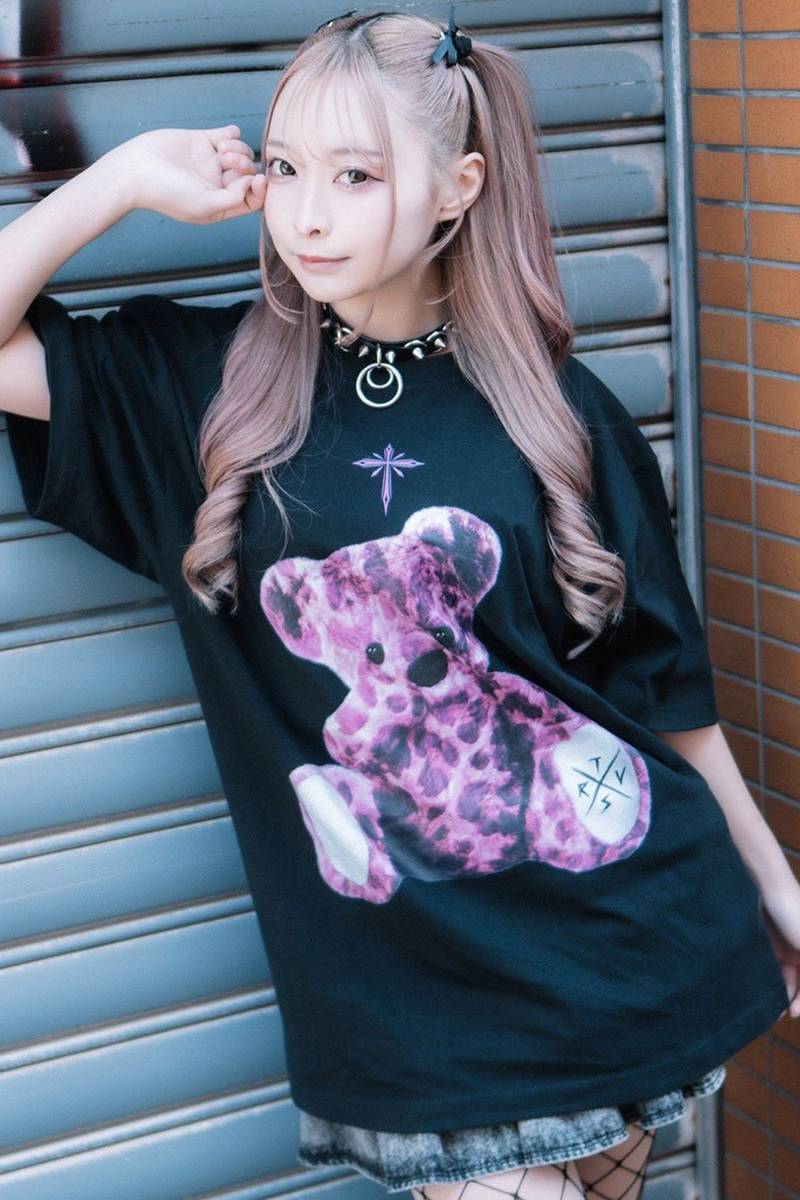TRAVAS TOKYO (トラバス トーキョー) くまプリントTシャツ - Black×Pink Leopard