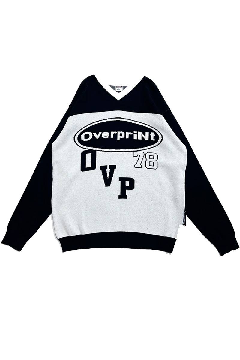 over print (オーバープリント) OVAL Vneck cotton knit - Black