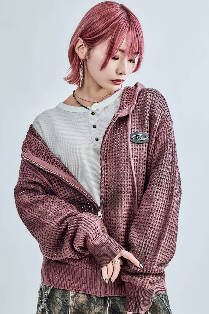 P.N UNDERGROUND (サイコ・ネーション・アンダーグラウンド) グランジ・ニットZIPパーカー - Purple
