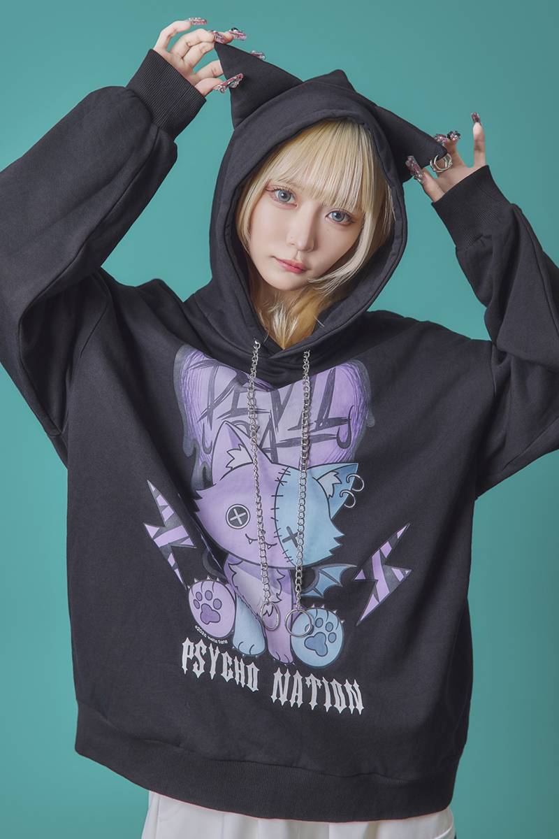 寝田ルネ×PSYCHO NATION(サイコ・ネーション)  DEVIL CATパーカー - Black