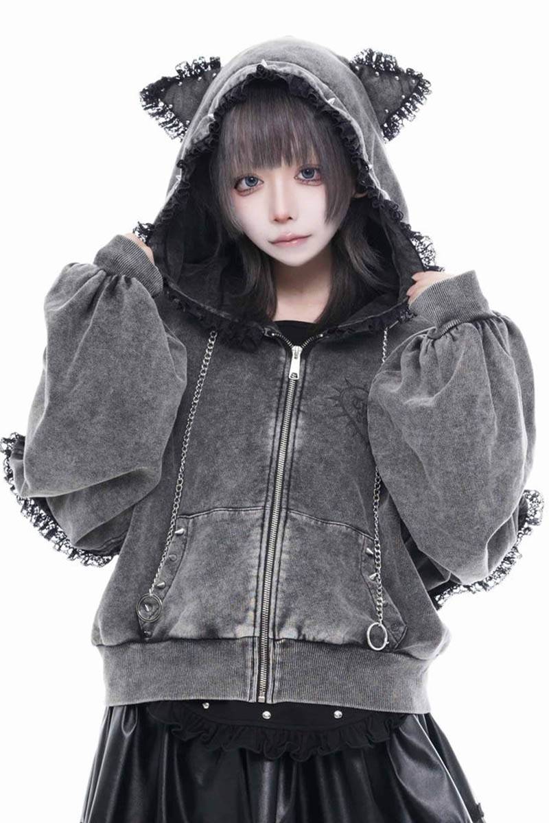 TRAVAS TOKYO(トラバス・トーキョー) レース使い猫耳ジップ・パーカー(ショート) - Gray