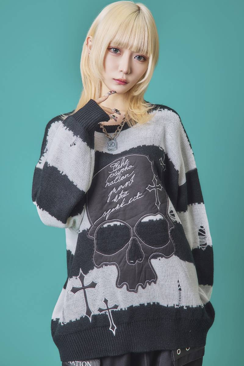 PSYCHO NATION(サイコ・ネーション) スカルボーダークルーニット - White