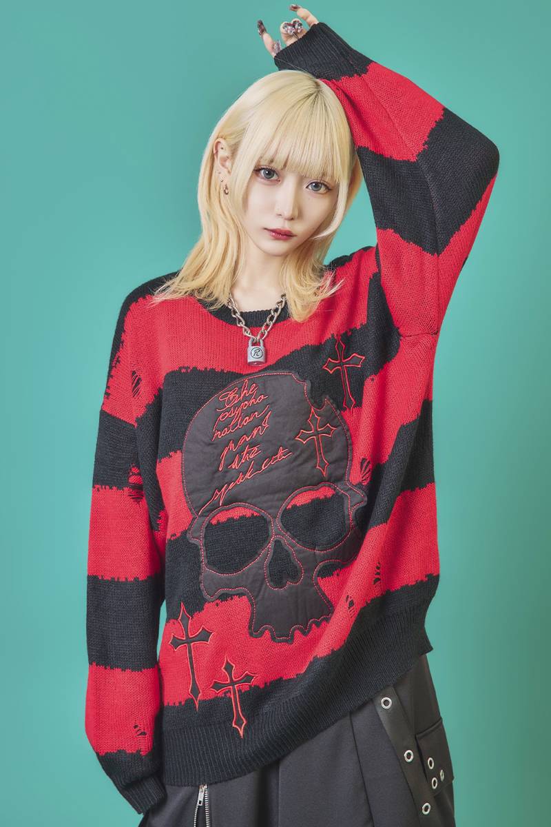 PSYCHO NATION(サイコ・ネーション) スカルボーダークルーニット - Red