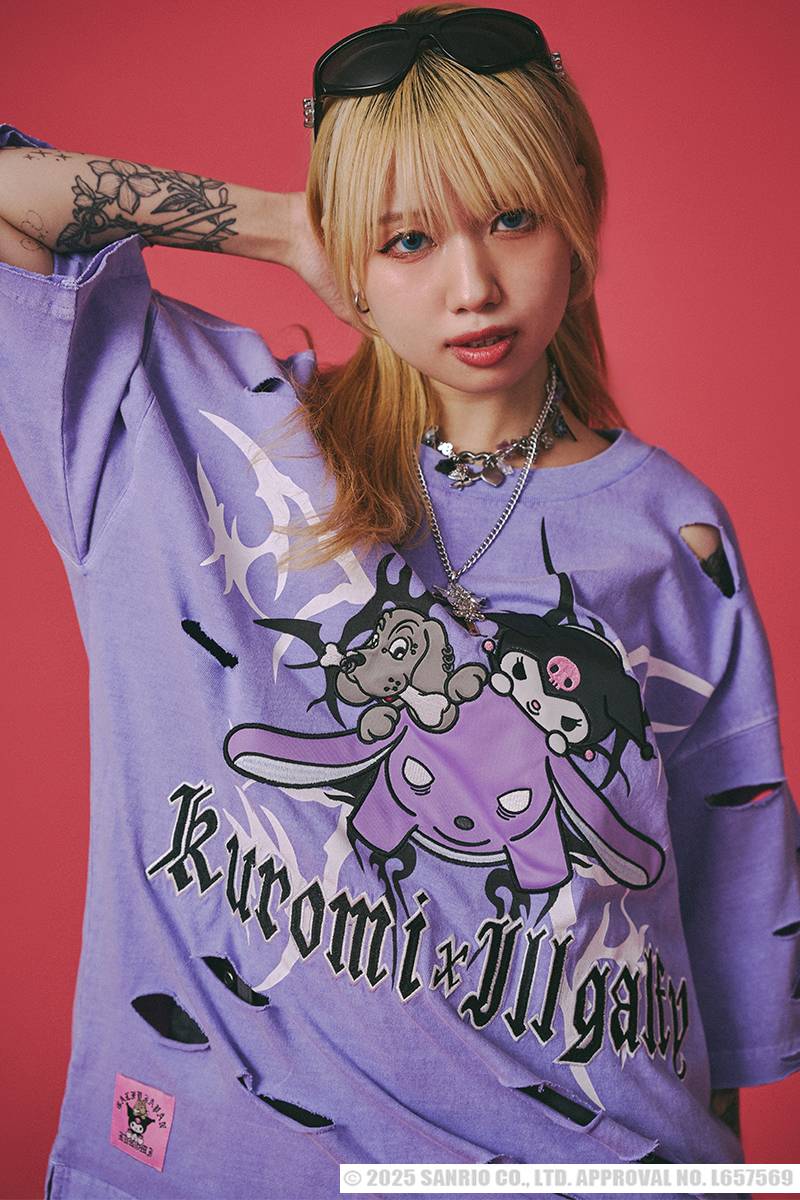 クロミ×GALFY(ガルフィー) イルガルフィーボロボロ半袖TEE - Ink.Purple