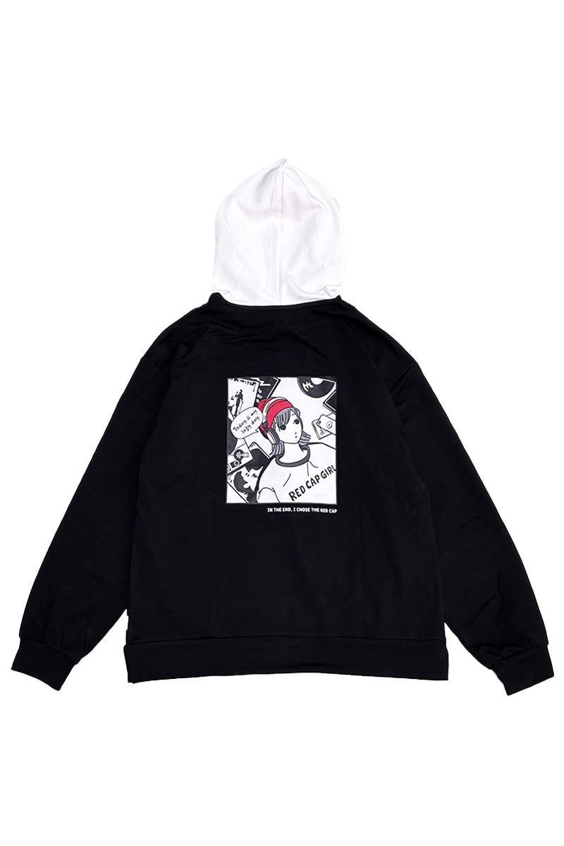 Red Cap Girl (レッド・キャップ・ガール) ダンボール・バック・プリント配色HOODIE - Black